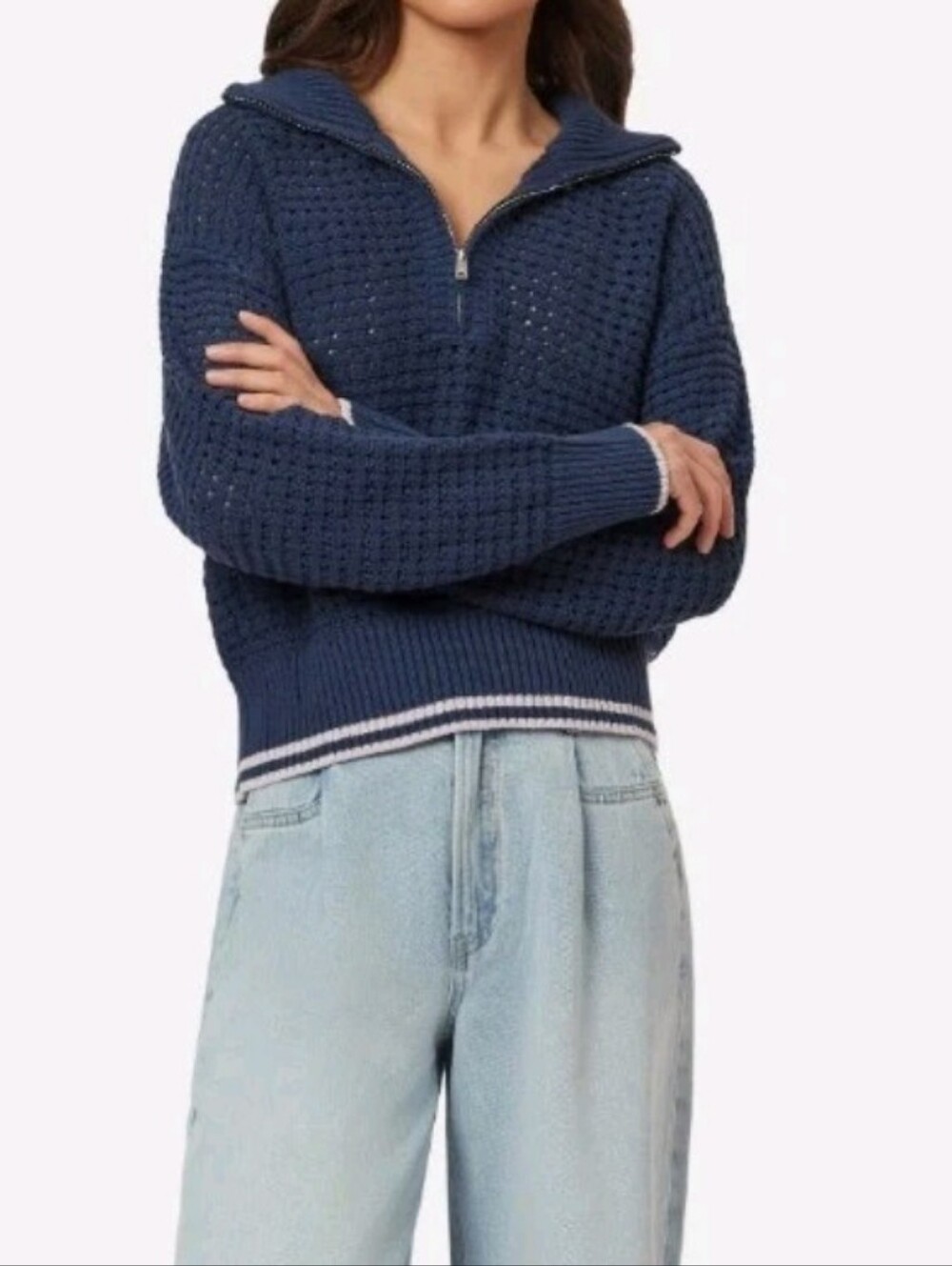 Scotch & Soda Size Small Blue 3/4 Zip Pointelle Pullover Sweater Msrp $138
